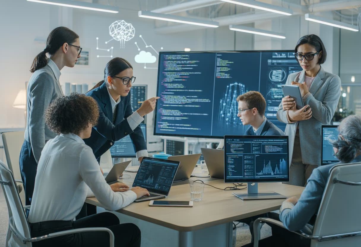 A diverse group of technology professionals working together in a modern office with digital screens showing data and code.