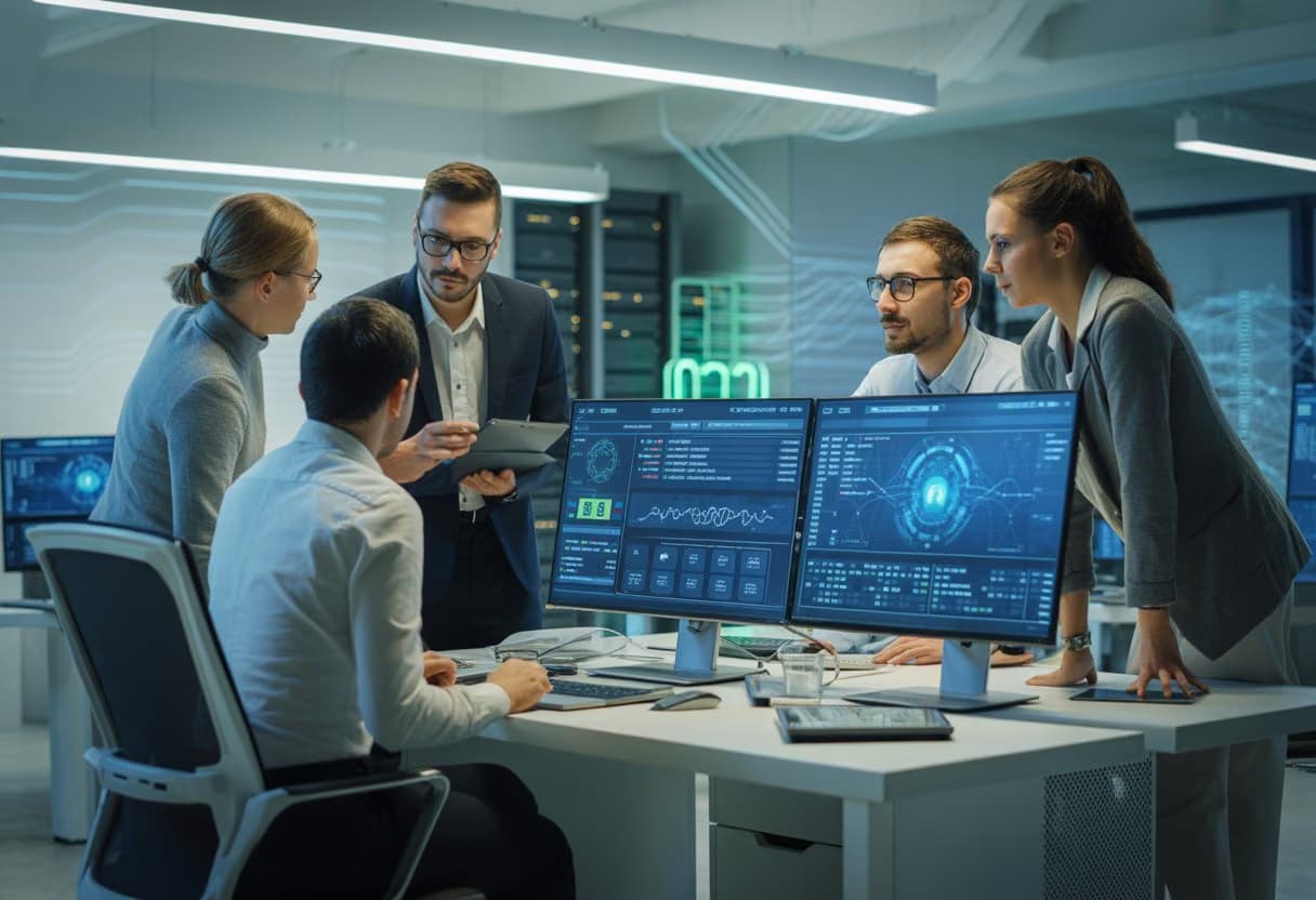 A group of professionals working together in a modern office with multiple computer screens showing cybersecurity data and digital security interfaces.