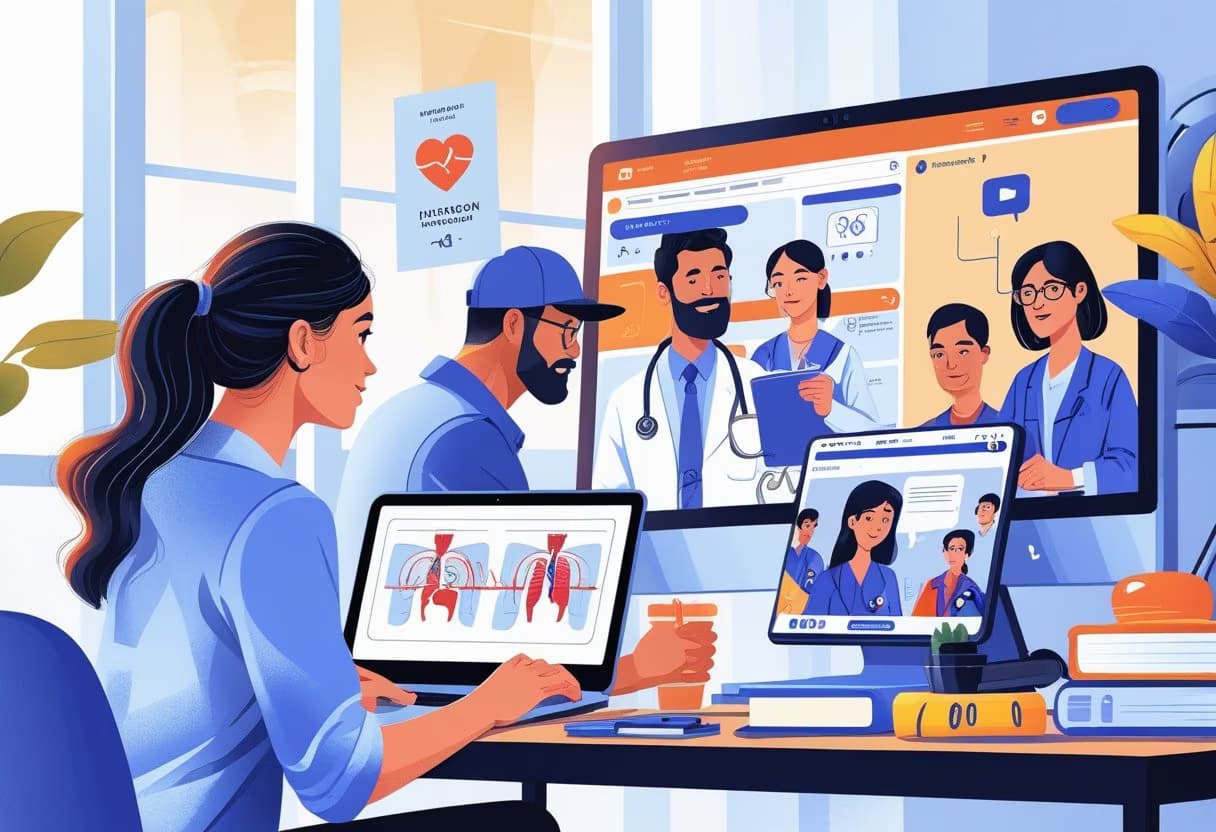People studying healthcare careers online using laptops and tablets in a home setting.
