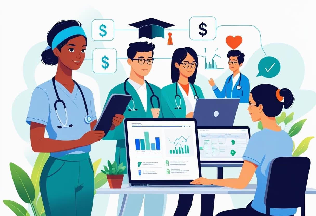 A group of healthcare students and professionals interacting with technology and advisors, symbolizing career training, salary potential, and student support.