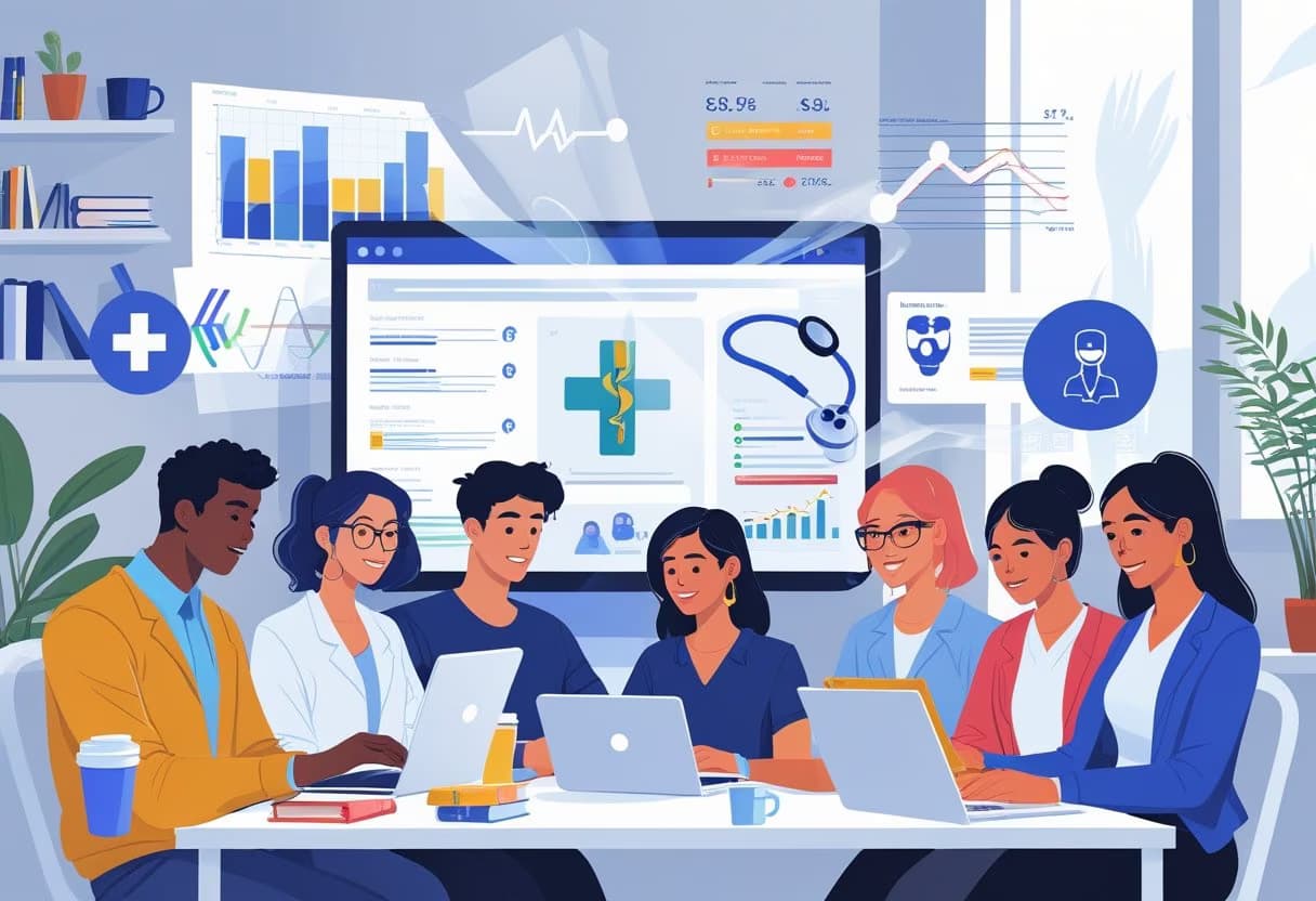 A group of people studying healthcare online using laptops and tablets with medical symbols and charts floating around them in a home study setting.