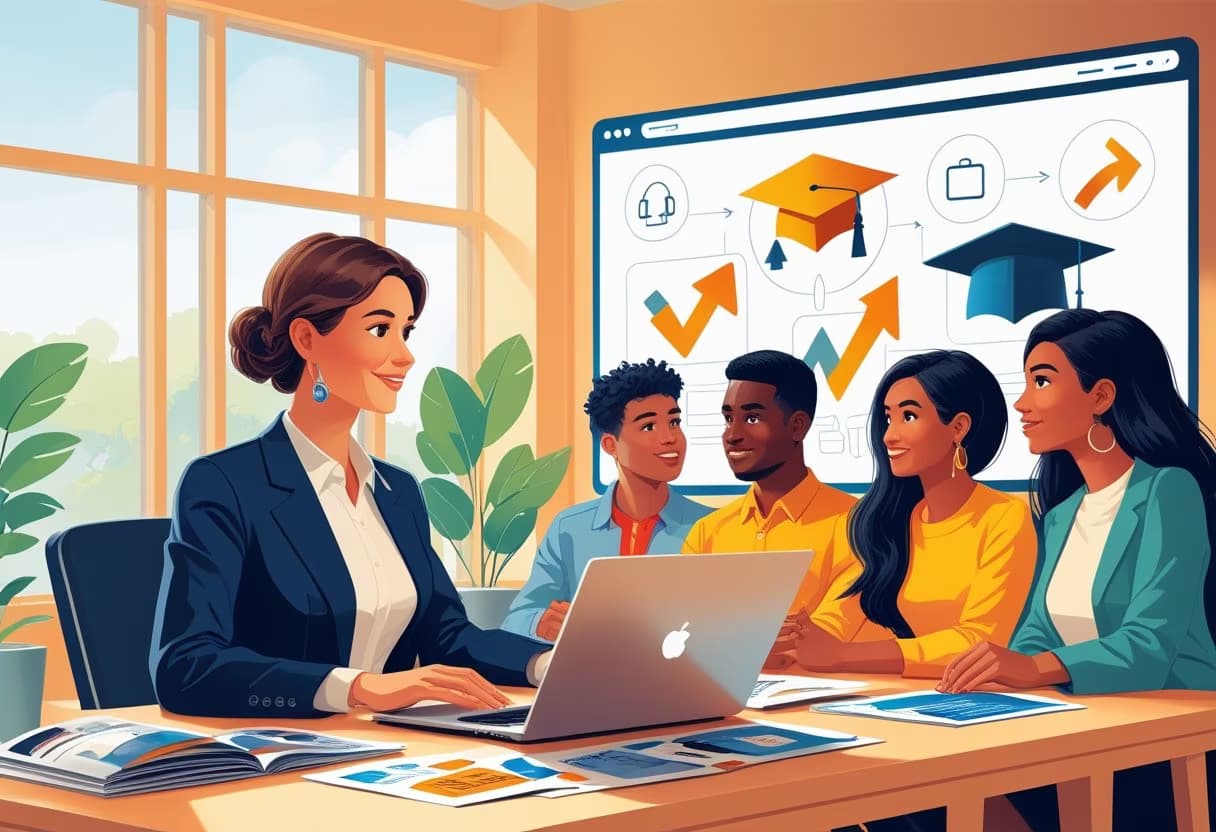A counselor talking with a group of young adults in an office, with laptops and educational materials on the desk.