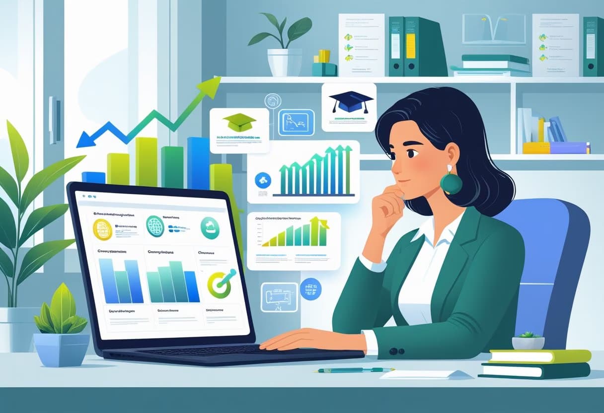 A counselor sitting at a desk reviewing online counseling programs on a laptop, surrounded by career growth symbols and educational materials in an office setting.