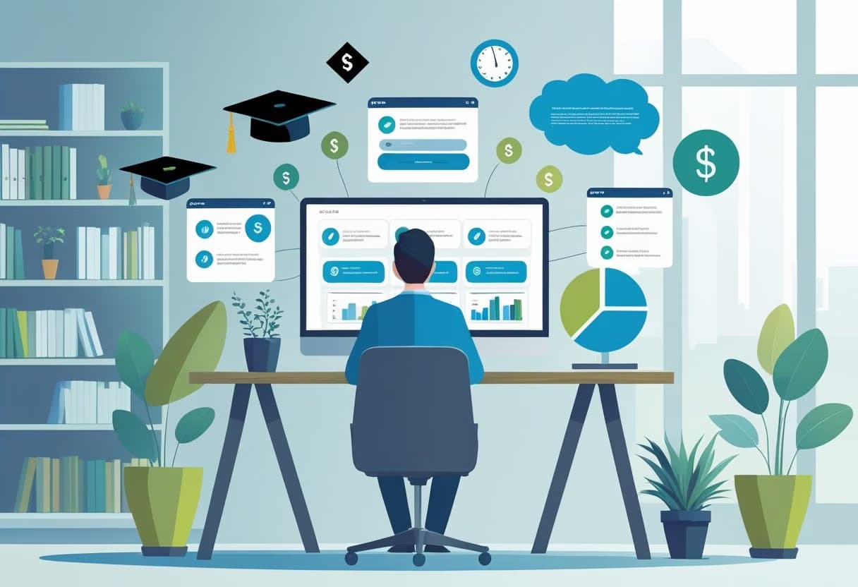 A counselor at a desk reviewing online counseling program options on a laptop, surrounded by icons representing education quality, financial payoff, flexibility, and accessibility in a professional office setting.