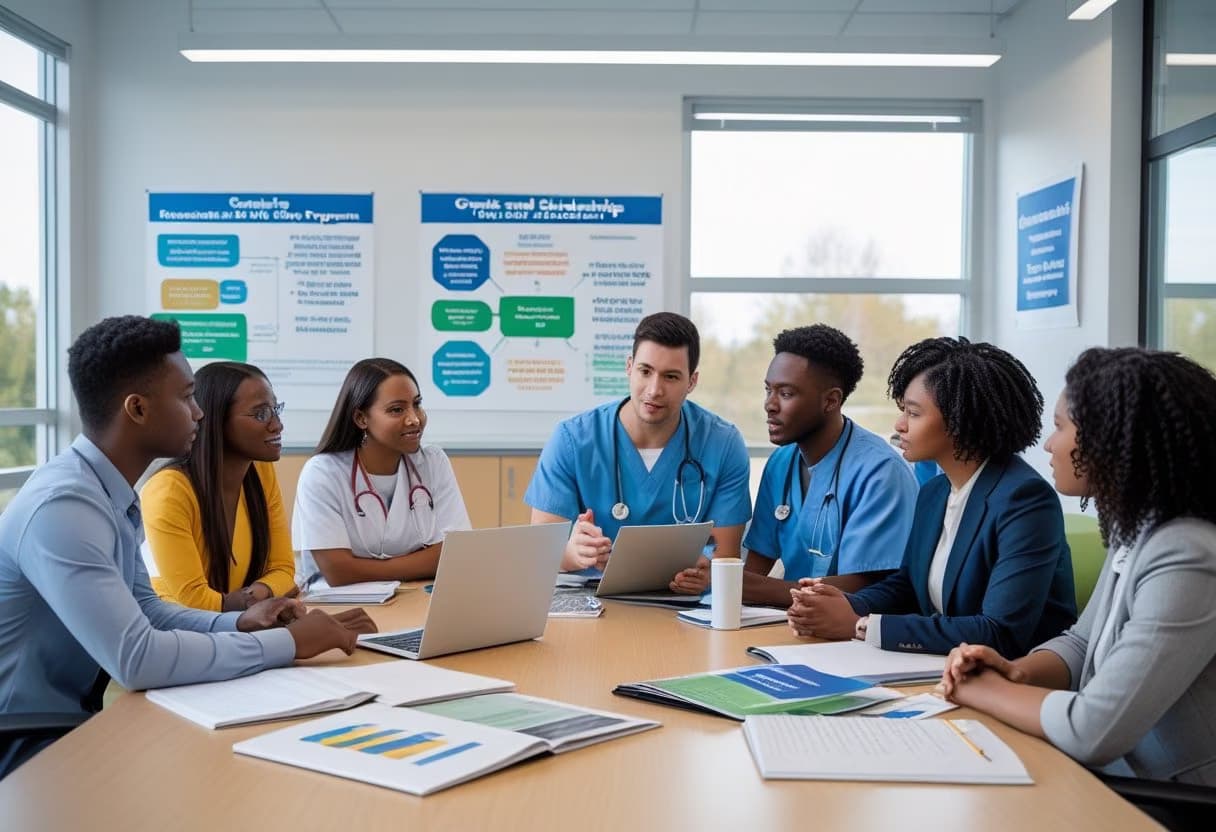A group of diverse students and a counselor discussing healthcare program financial aid around a table with laptops and brochures.