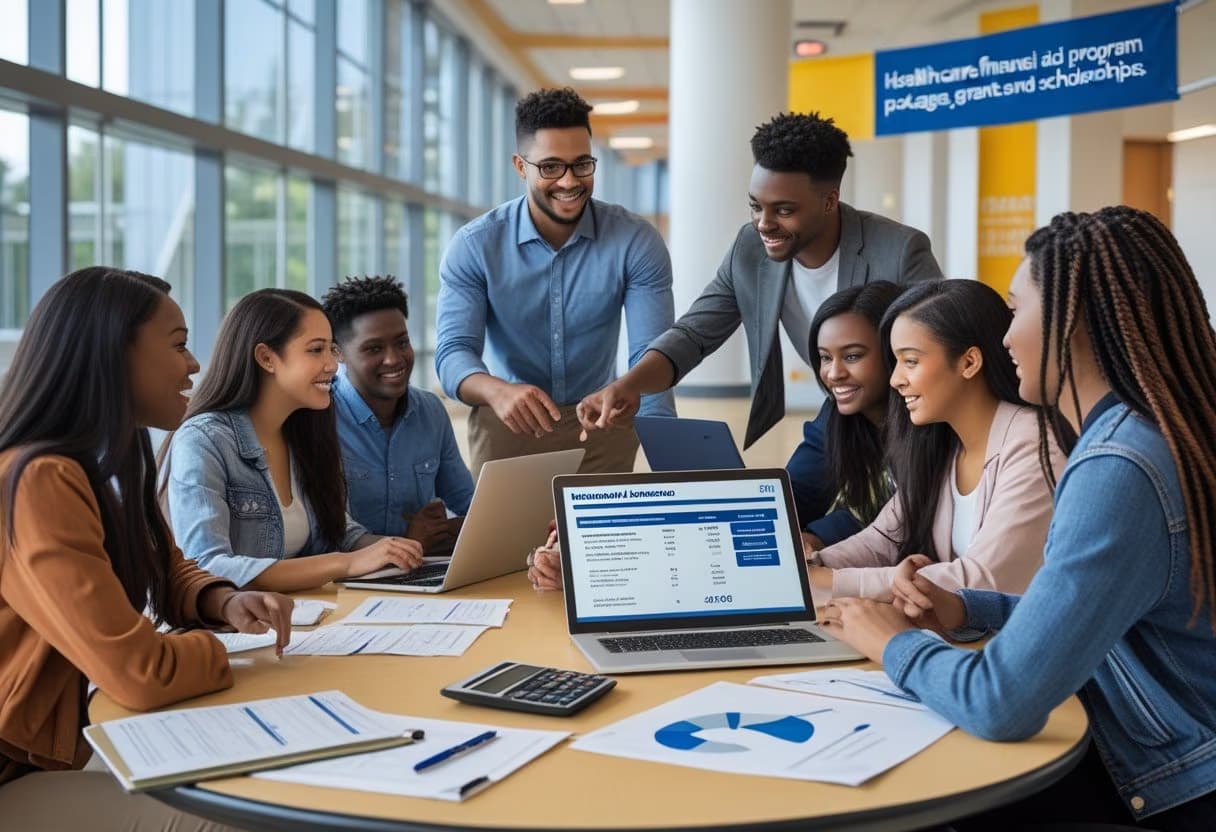A group of college students and a financial aid advisor discussing documents and laptops about financial support in a university setting.