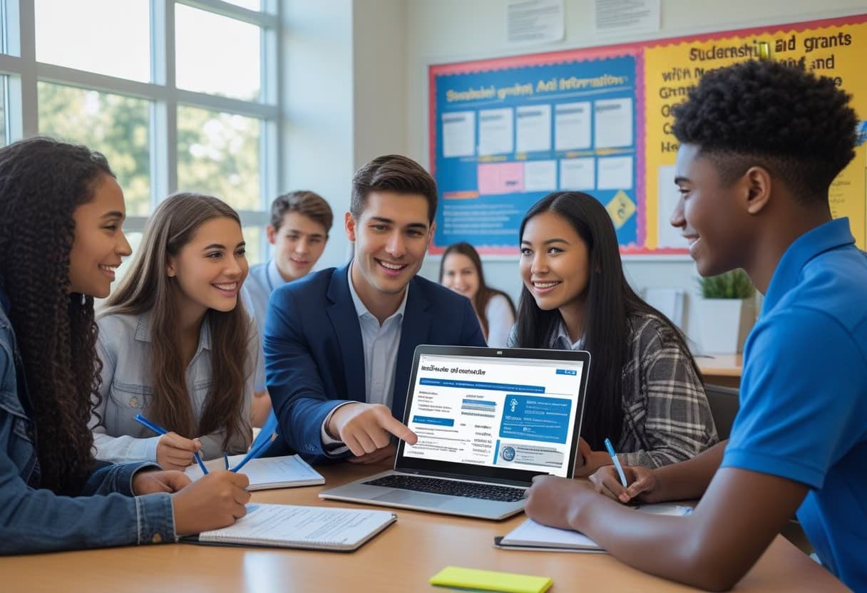 A school counselor explains financial aid options to two students in a bright school office.
