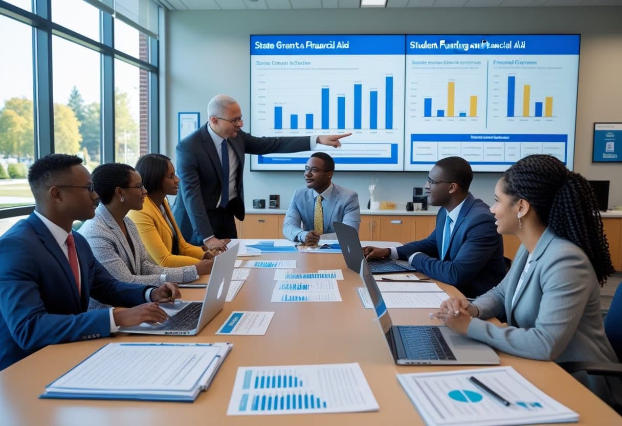 A group of school administrators discussing student financial aid and state grants around a table with laptops and documents in a bright office.