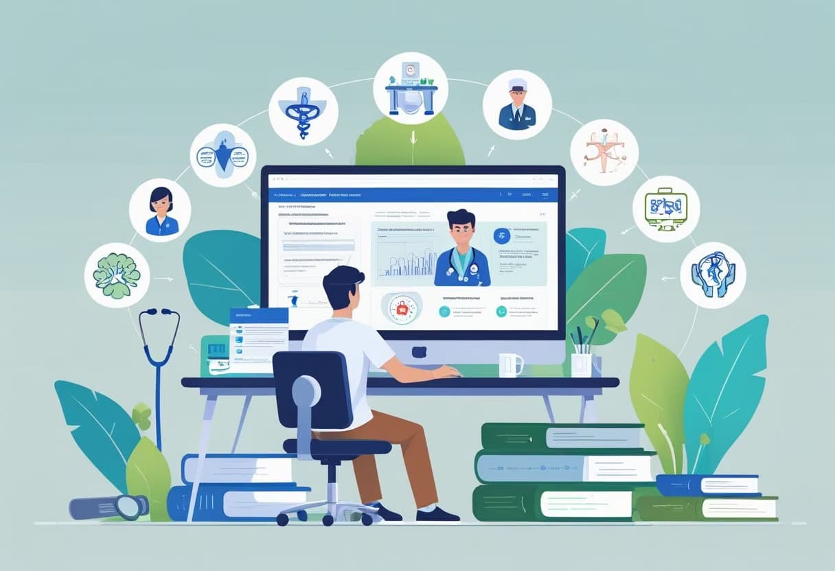 A young adult studying online with medical tools and a mentor supervising hands-on training in a healthcare setting.