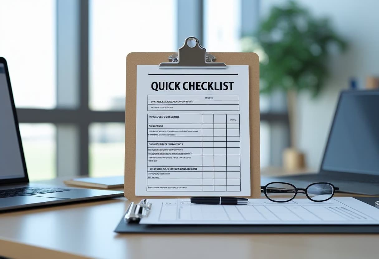 A desk with a clipboard holding a checklist, a pen, a laptop, and reading glasses in a bright office setting.