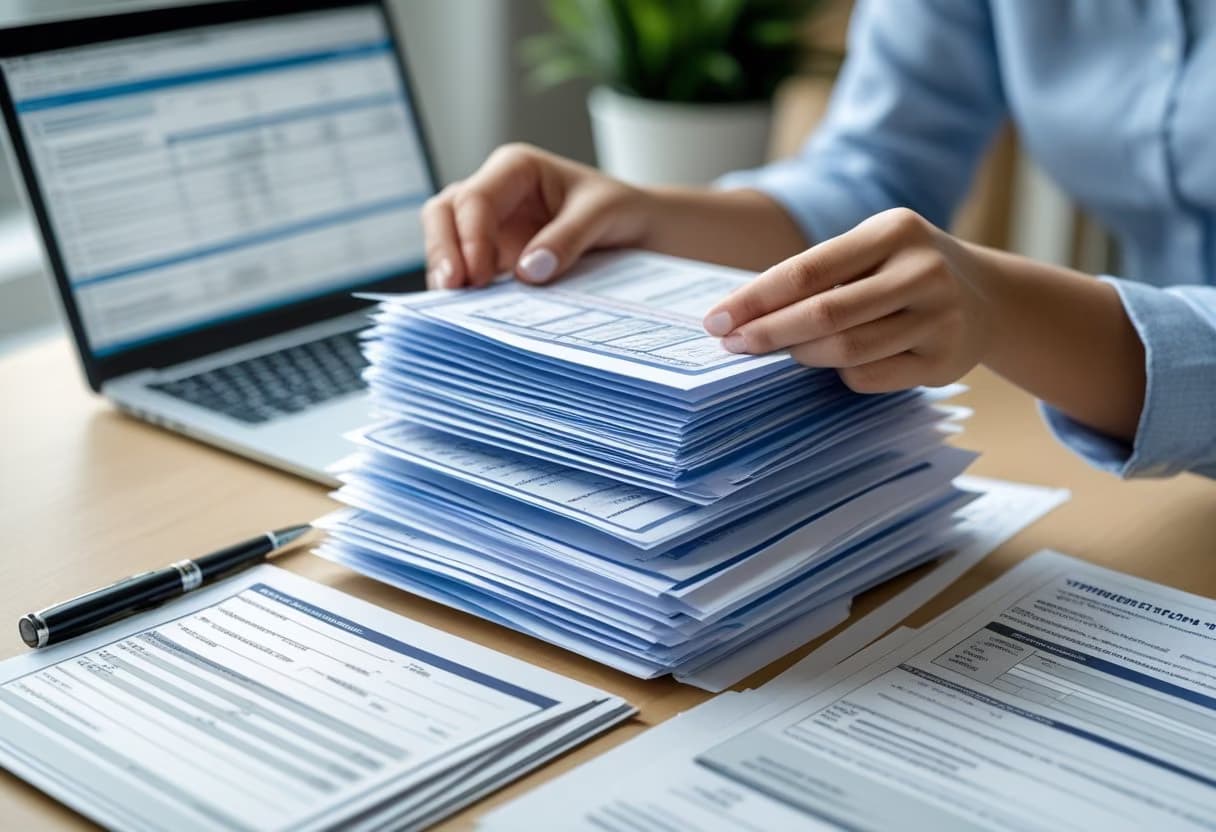 A person reviewing financial documents and forms at a desk with a laptop and pen nearby.