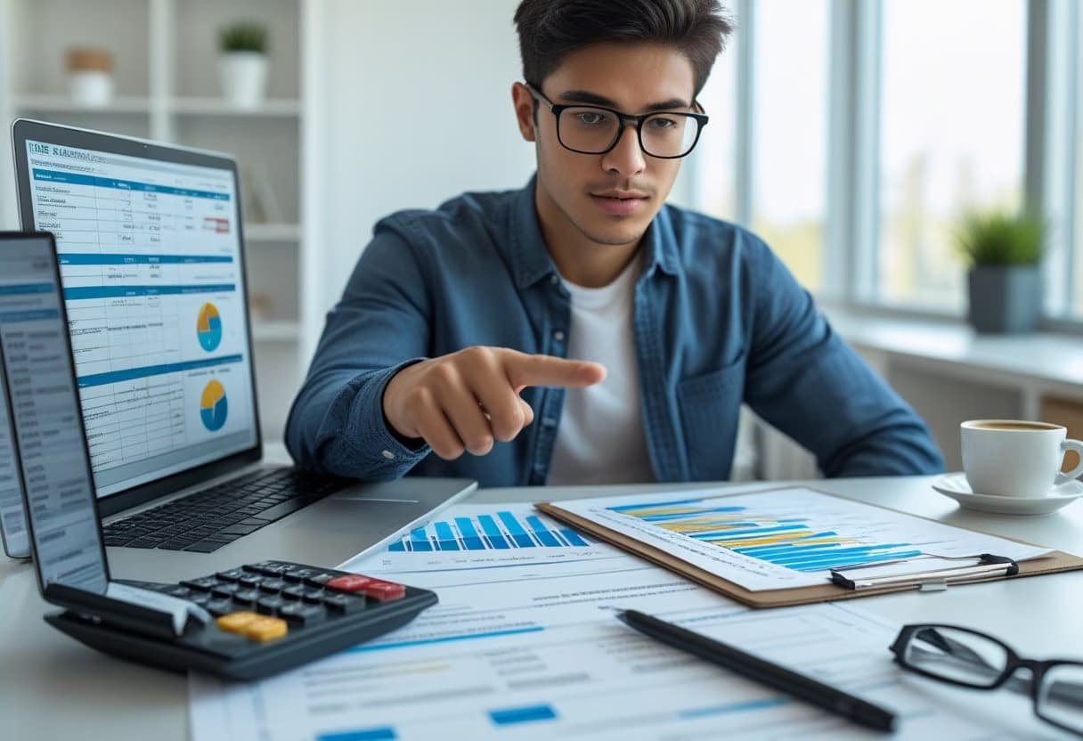 A person reviewing financial documents and a checklist at a desk with a laptop and calculator in a bright office.