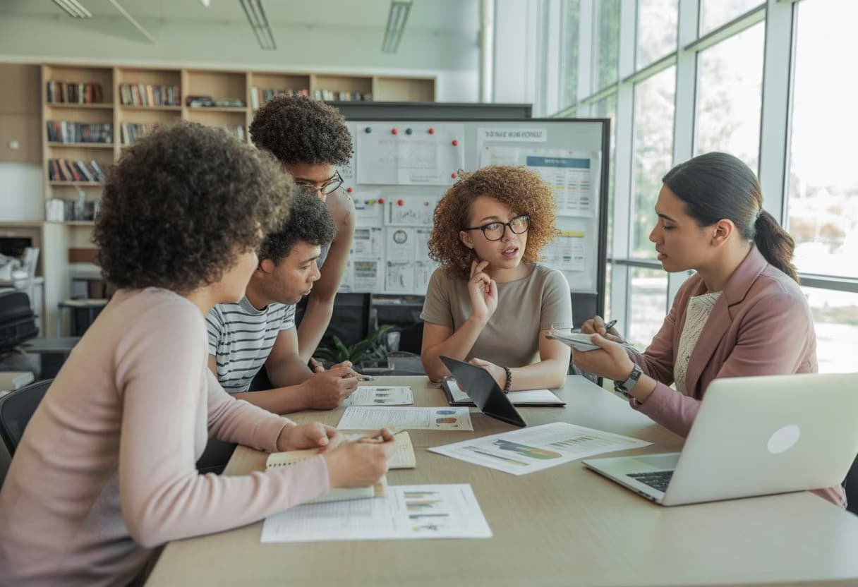 A group of college students meeting with a financial aid advisor in a university office, reviewing documents and discussing financial planning.