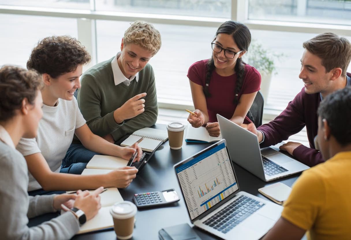 A group of college students discussing financial aid documents around a table in a bright study area.