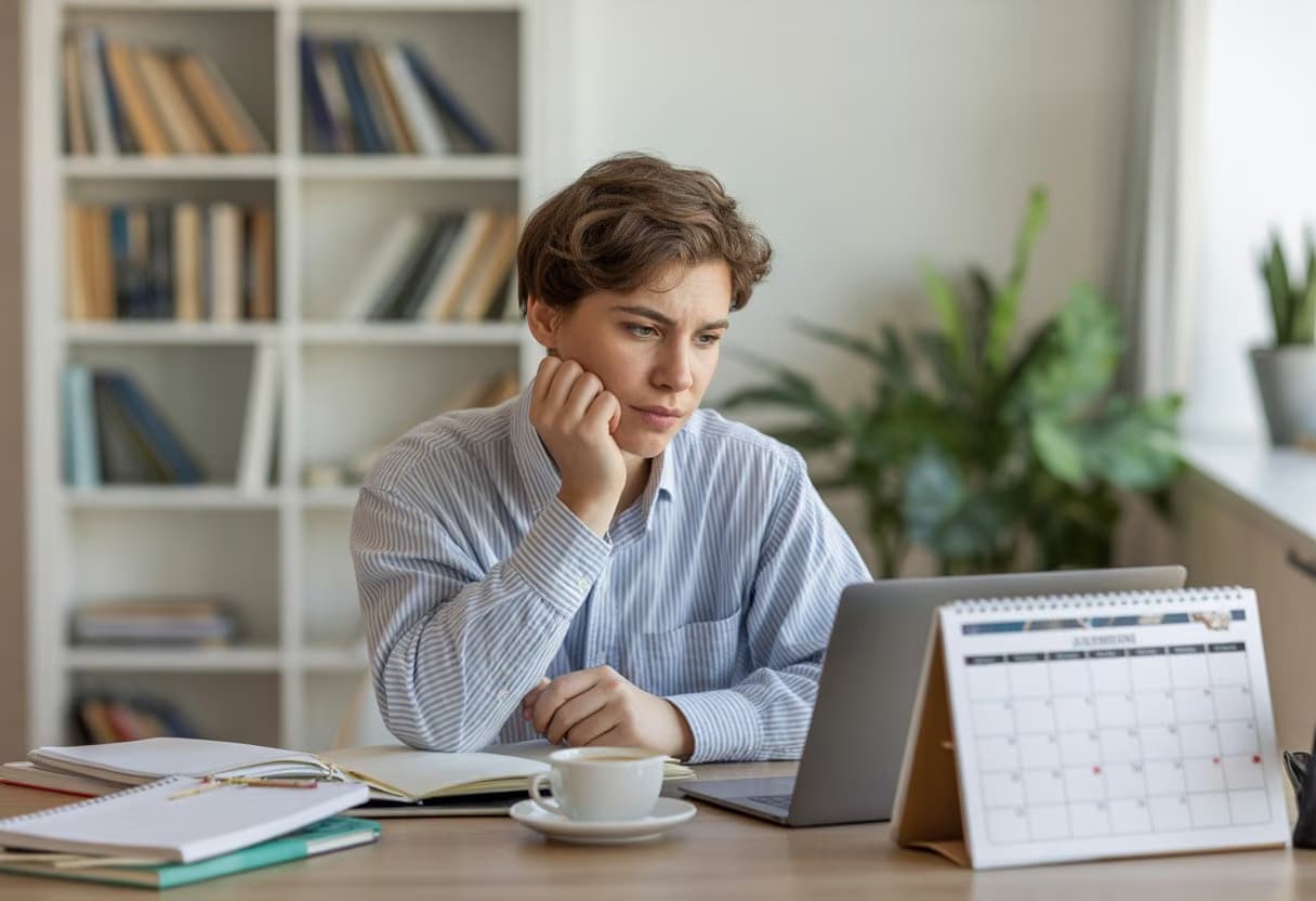 A young adult student sitting at a desk, looking thoughtfully at a laptop with notebooks and a calendar nearby.