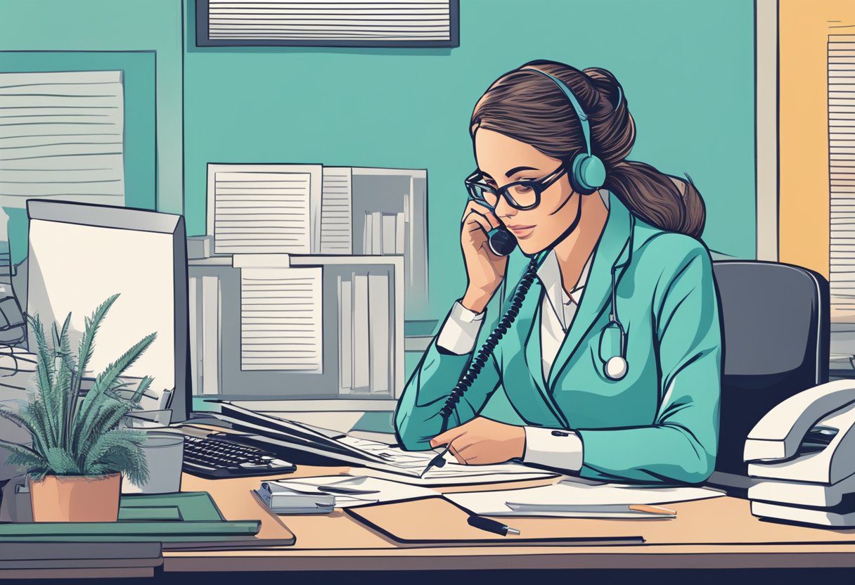 A medical administrative assistant sitting at a desk, answering phones and organizing paperwork in a busy office setting