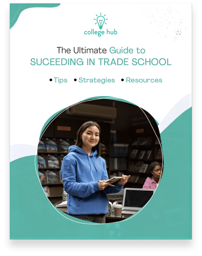 A digital cover design for a guide titled **"The Ultimate Guide to Succeeding in Trade School"**, published by **College Hub**. The cover features a young woman in a blue hoodie holding a tablet and smiling, standing in a library with bookshelves in the background. Another student in a pink top is working on a laptop behind her. The design includes a white and green color scheme with illustrated education-related icons, and highlights key topics: Tips, Strategies, and Resources.