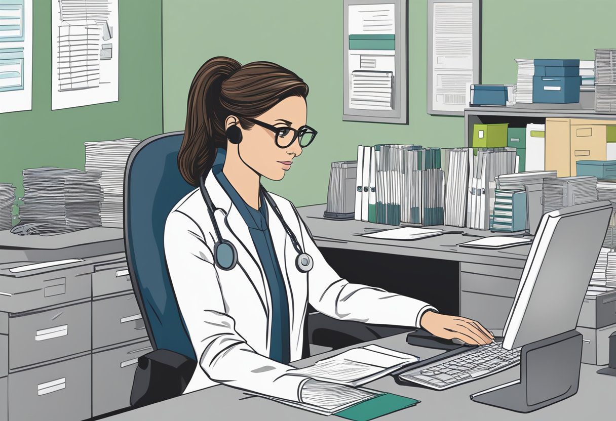 A medical administrative assistant working at a desk in a busy office setting, surrounded by filing cabinets, a computer, and medical documents