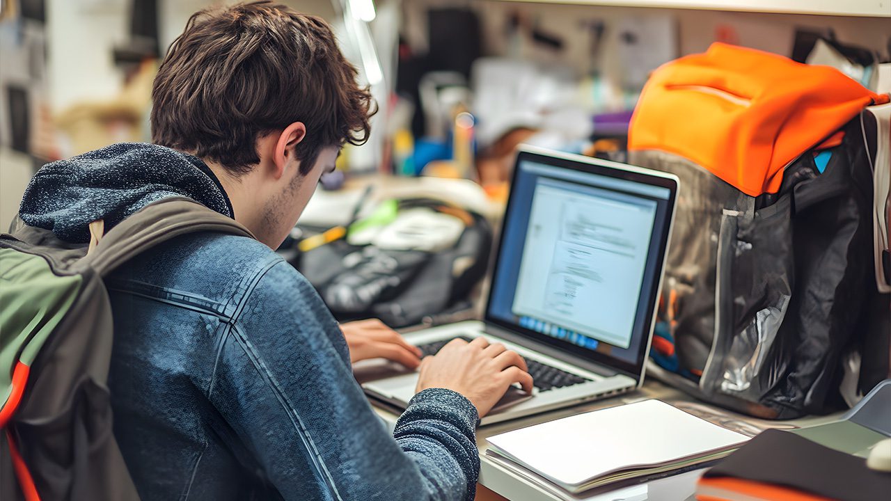 A young man wearing a denim jacket and a backpack sits at a cluttered desk, working on a laptop. The screen displays lines of code or text, suggesting he is programming or studying. The workspace is filled with backpacks, notebooks, and various personal items, creating a busy and informal environment. The setting appears to be a study area, dorm room, or shared workspace.