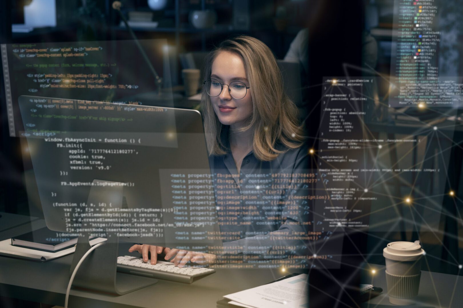 The image shows a woman working at a computer, surrounded by code overlays (HTML, CSS, and JavaScript), suggesting she’s a developer or programmer. The digital graphics emphasize themes of web development, coding, or tech innovation.