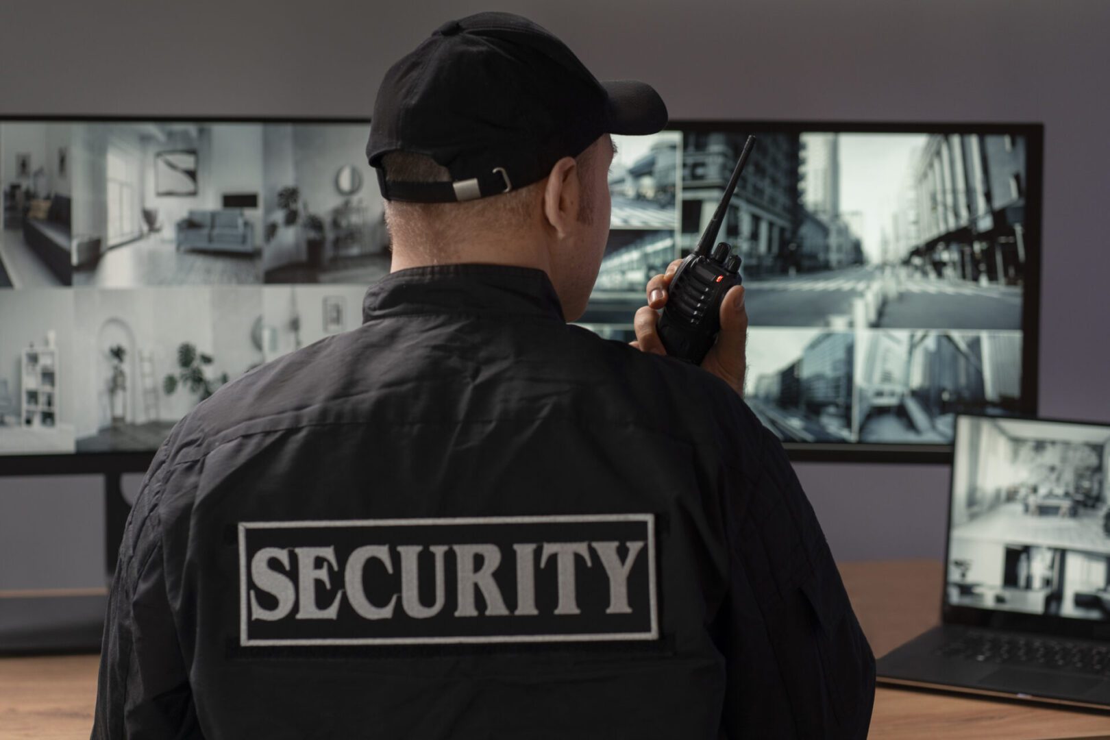 ChatGPT dijo: This image shows a male security guard from behind. He is wearing a black jacket and a black cap. The back of his jacket has a large patch with the word "SECURITY" written on it. He is holding a walkie-talkie in his right hand. In front of him, there are multiple screens displaying surveillance camera footage, monitoring various locations like city streets and indoor spaces.
