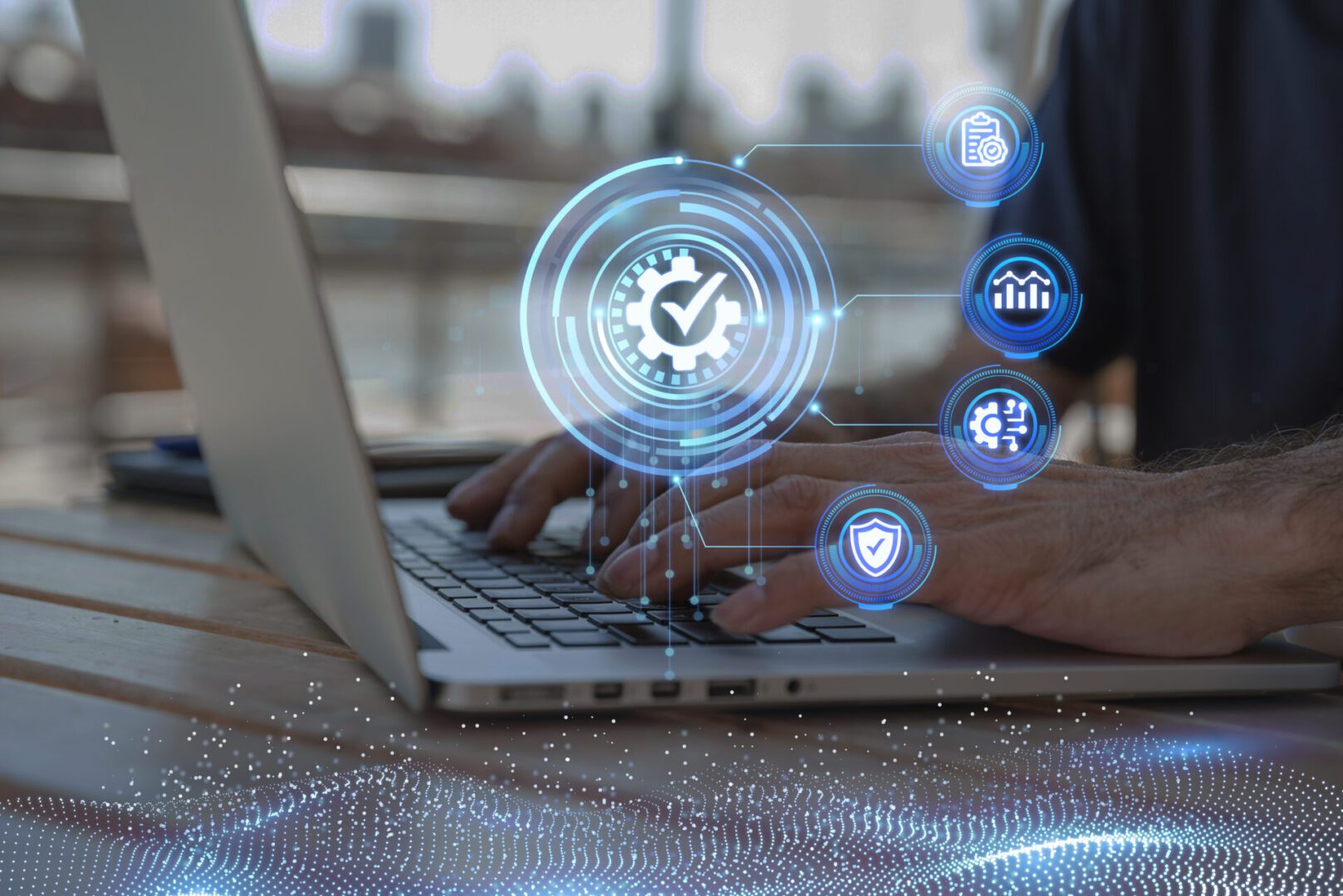 ChatGPT dijo: This image shows a close-up of a person's hands typing on a laptop keyboard. Overlaid on the image are several futuristic, glowing blue icons and graphics related to quality control and data analysis. The central icon is a gear with a checkmark inside, symbolizing quality assurance. Surrounding it are other icons depicting a clipboard, a bar chart, a gear with a circuit, and a shield with a checkmark, indicating various aspects of quality control, performance monitoring, automation, and security. The background is blurred, focusing attention on the hands and the digital icons. The overall theme suggests modern technology and digital solutions in quality managemen